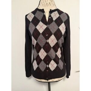 Marina Luna Womens Black Argyle 100% Cashmere 2-Ply Button Front Cardigan Size M
